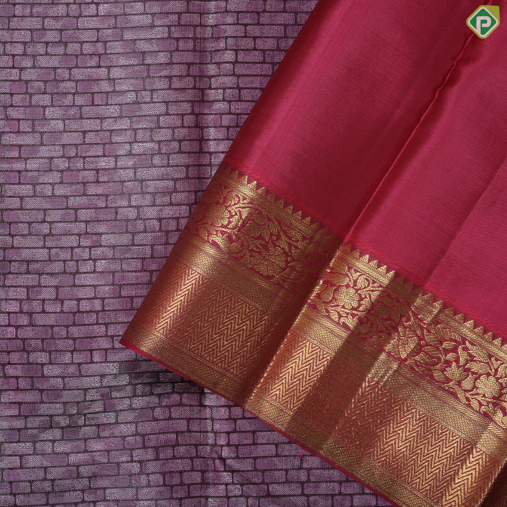 purple pink brick wall design contrast red gold zari rangoli zig zag border trendy silk saree