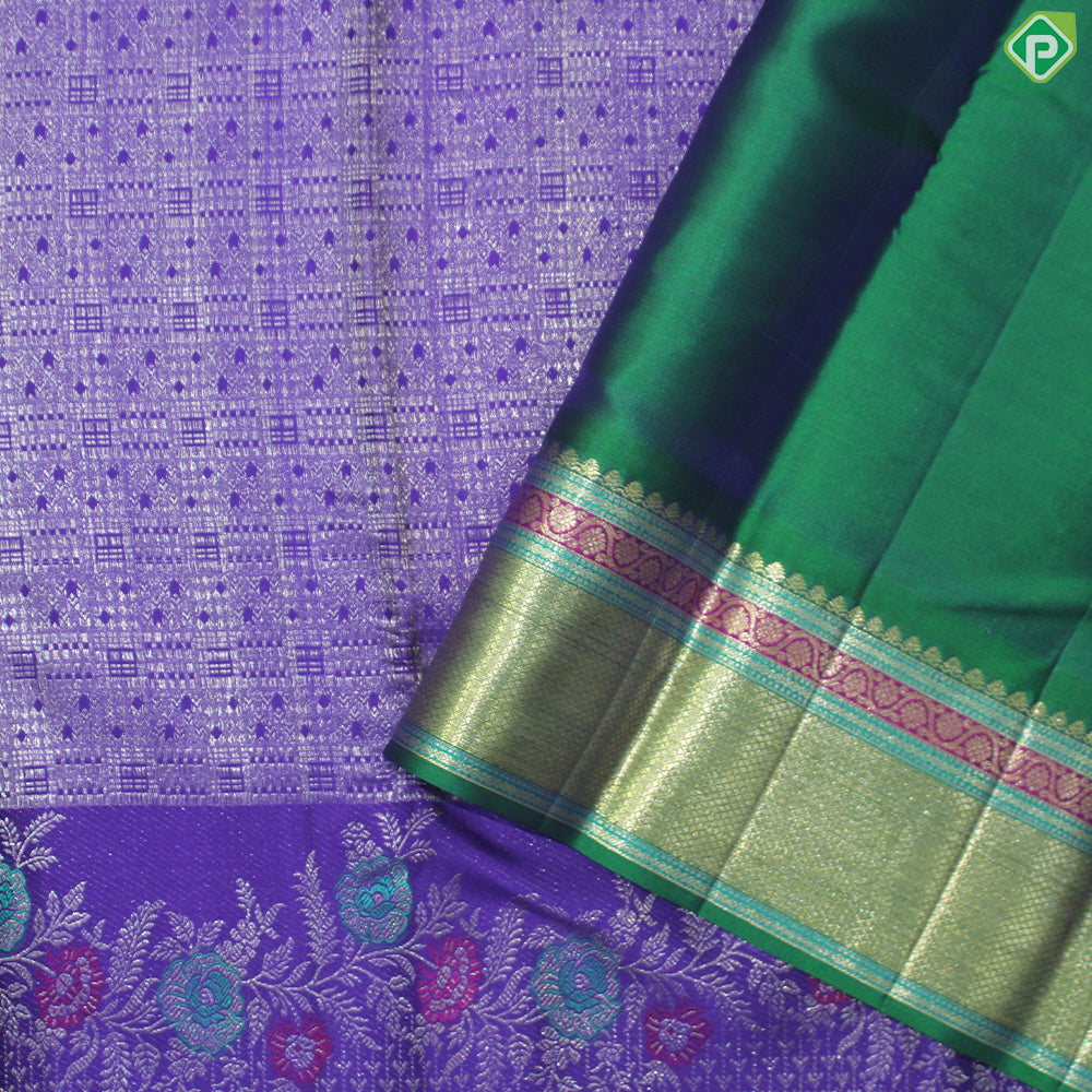Purple Color Silver Zari With Green Color Mayilkan Design Border Traditional Silk Saree