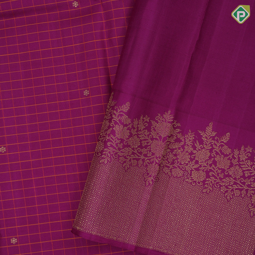 Purple base silk thread checks mid flower butta self gold zari fancy floral design border trendy designer silk saree