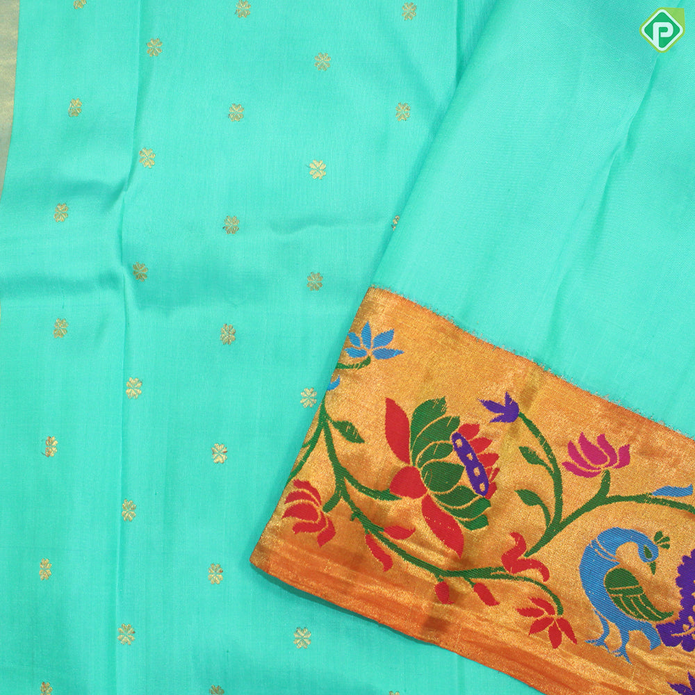 Rexona Green Thousand Butta Contrast Orange Meena Work Border Gadwal Silk Saree