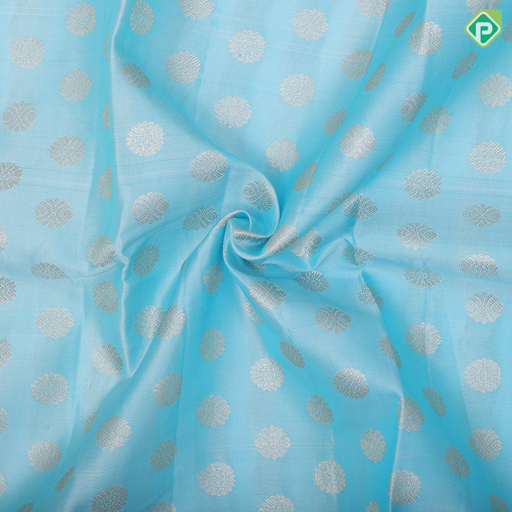 Sky blue silver zari rudraksham butta design orange gold zari border pattu paavadai lehanka