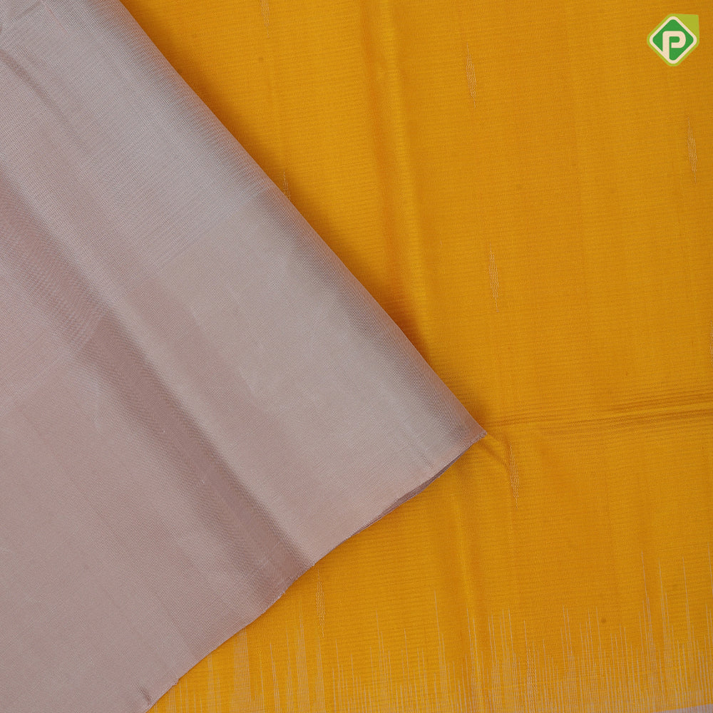 Mango yellow gold zari rain drop butta motifs Peach cream plain border grand pallu soft silk saree