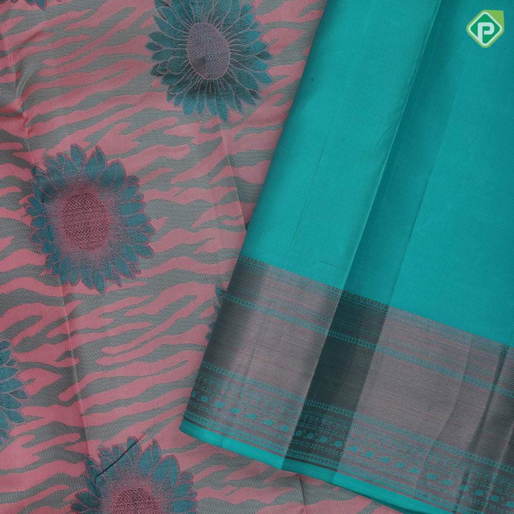 Mint green base sunflower and cloud design rama green copper zari border trendy designer silk saree