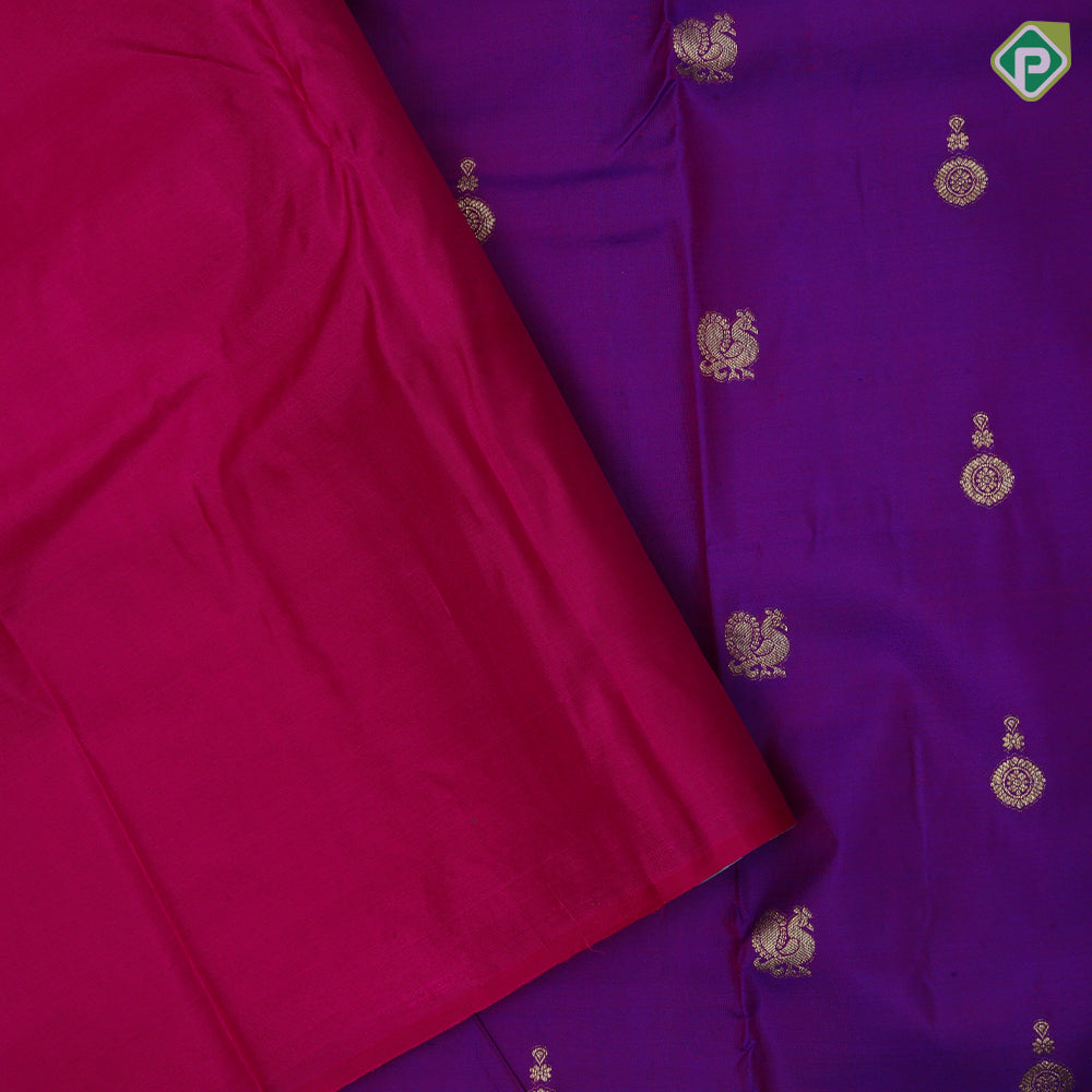 Dual shade purple gold zari chakkaram annam butta rani pink gold zari multi design border traditional silk saree