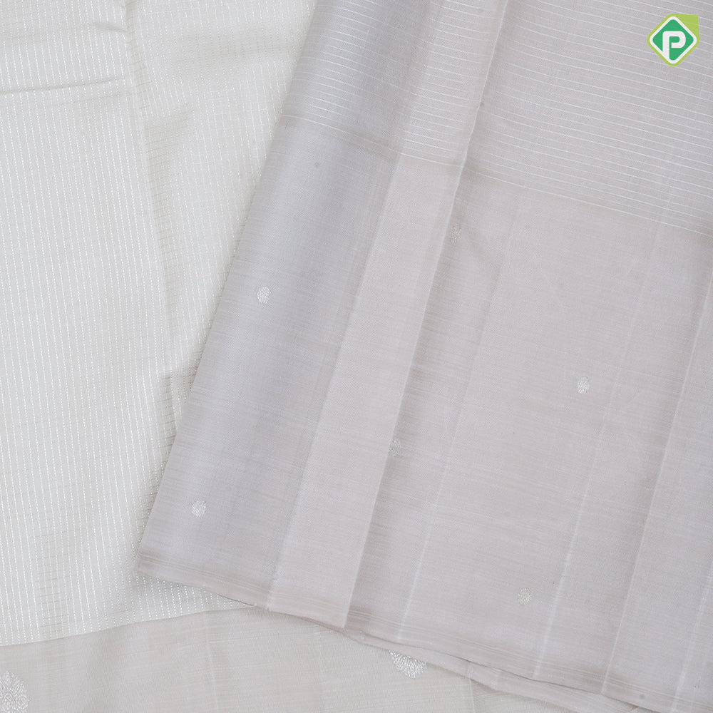 half white silver gold zari checks design beige plain silver gold zari flower butta border traditional silk saree