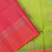 Parrot green silver gold zari round chakram butta design rani pink plain border soft silk saree