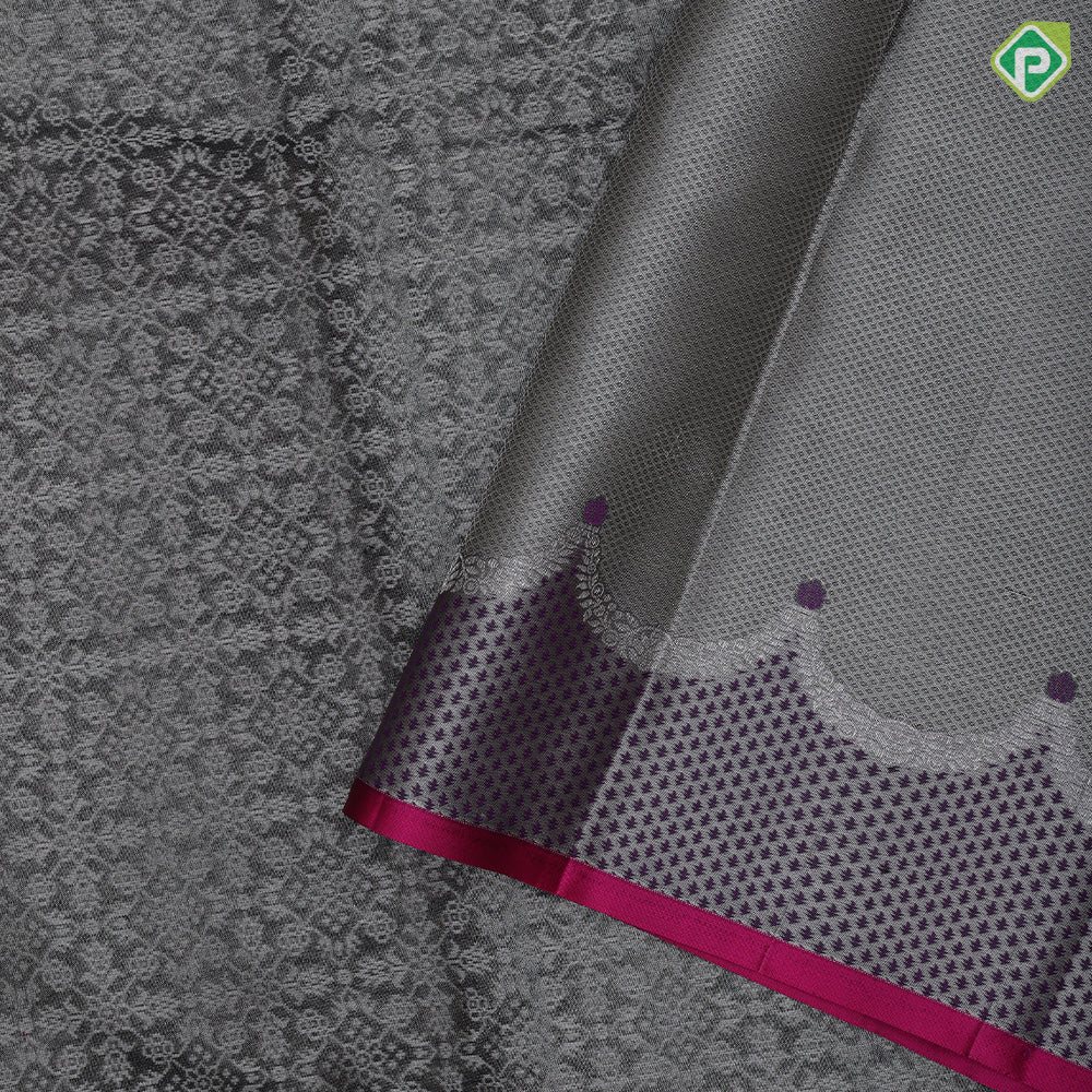 Black Colour Silver Zari Floral Design Rani Pink Mayilkan Border Design Luxury Black Silk Saree