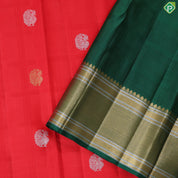 Chilly Red Gold Zari Peacock Butta Self Colour Edge Green Border Traditional Silk Saree