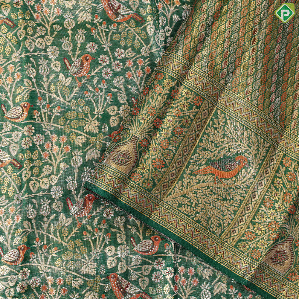 Peacock green Gold zari meena work design self gold zari sparrow border exclusive wedding silk saree