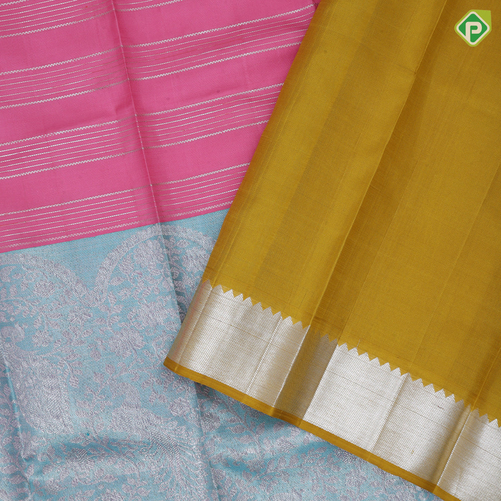Bubblegum Pink Rexsona Green Silver Zari Peacock Lines Design Mustard Bavanji Border Design Trending Fancy Silk Saree