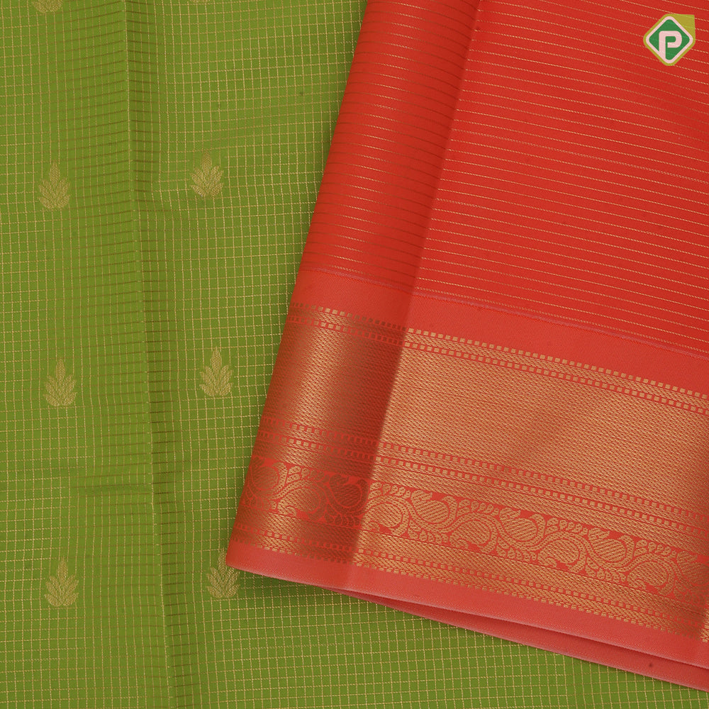 parrot green gold zari checks fancy flower butta fanta orange gold zari rangoli border Art silk saree
