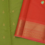 parrot green gold zari checks fancy flower butta fanta orange gold zari rangoli border Art silk saree