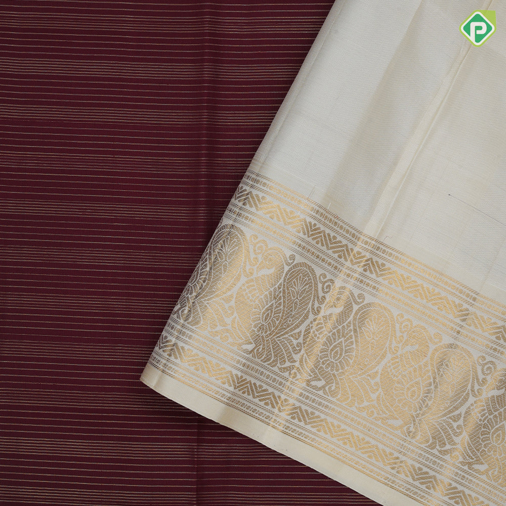 Brownish maroon gold zari vairaoosi lines design contrast milk white gold zari peacock butta border traditional vintage silk saree