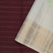 Brownish maroon gold zari vairaoosi lines design contrast milk white gold zari peacock butta border traditional vintage silk saree