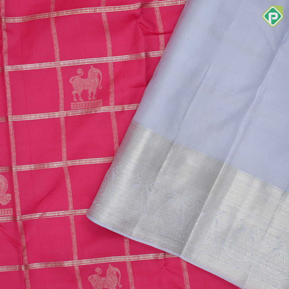 cream pink gold zari checked window panel blueish grey gold zari thilagam border traditional silk saree