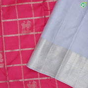 cream pink gold zari checked window panel blueish grey gold zari thilagam border traditional silk saree