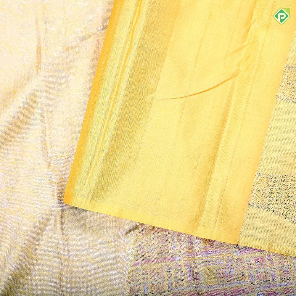 Lemon yellow silk thread grains design multi color temple tower weaved border signature silk saree