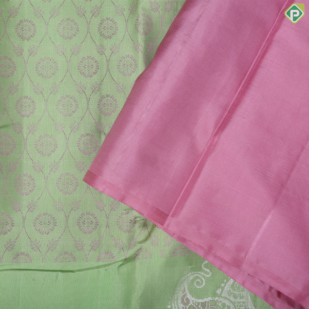 Pista green pink grand floral thread work design self silver zari meena work border trendy silk saree
