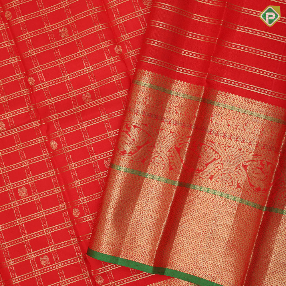 Chilly Red Gold Zari Checked Peacock Chagaram Design Self Peacock Mayilkan Border Design Traditional Silk Saree