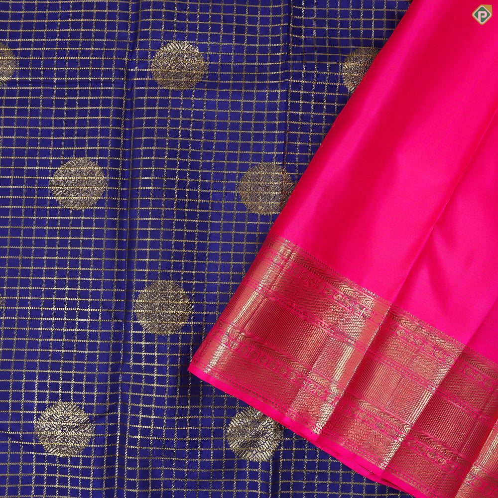 Royal Blue With Gold Zari Small Checked Gold Zari Multi Line Border Exclusive Bridal Silk Saree