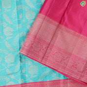 Cool green silver gold zari grand floral design contrast pink border grand bridal silk saree