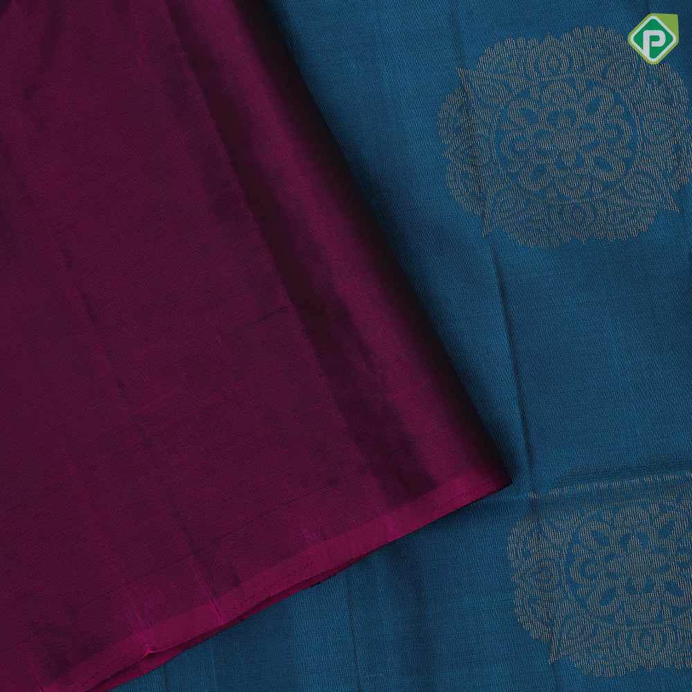 Peacock blue gold zari round rangoli butta motifs Purple Plain border grand pallu soft silk saree