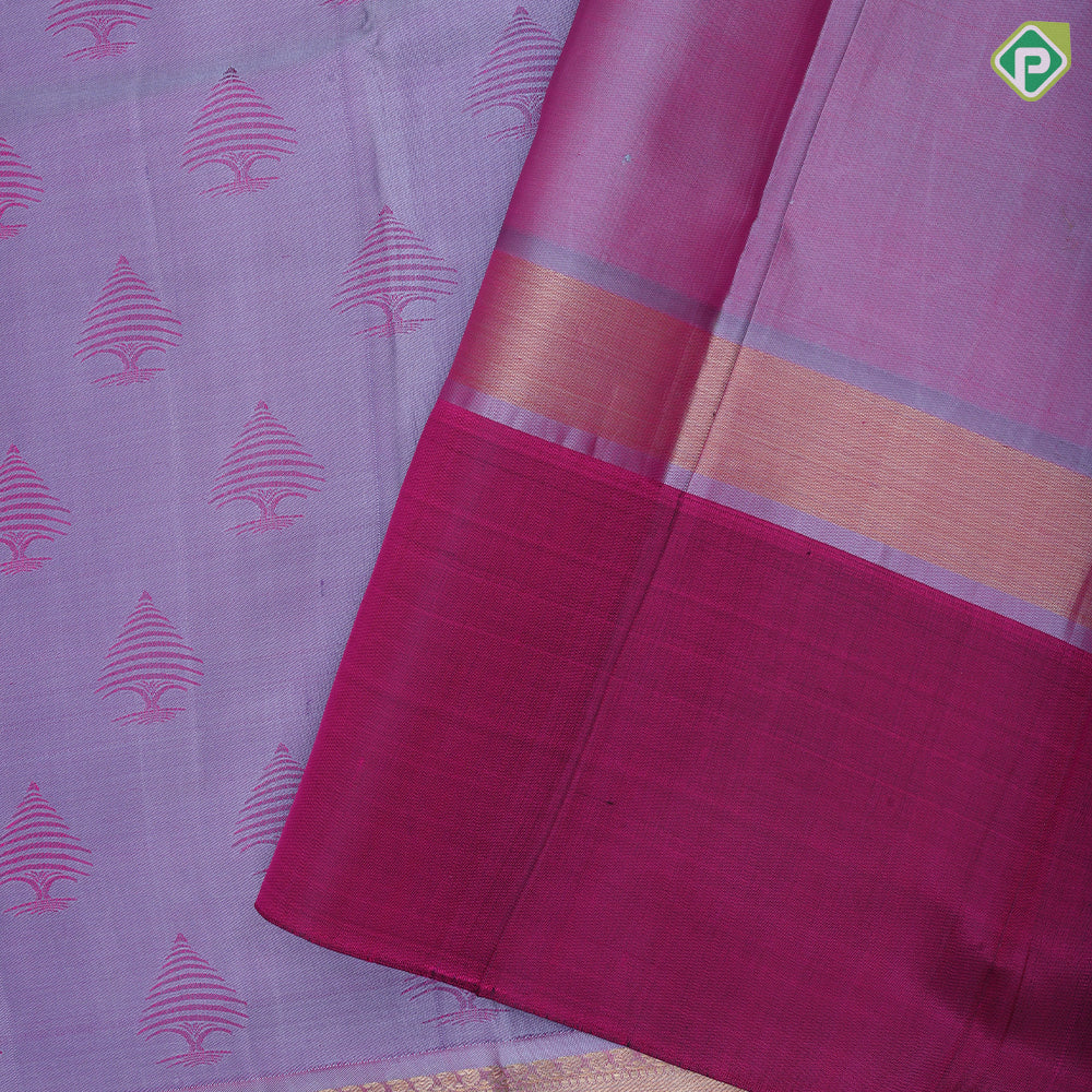 Lavender with silk pink fancy tread butta multi color mountain scenery design border trendy silk saree