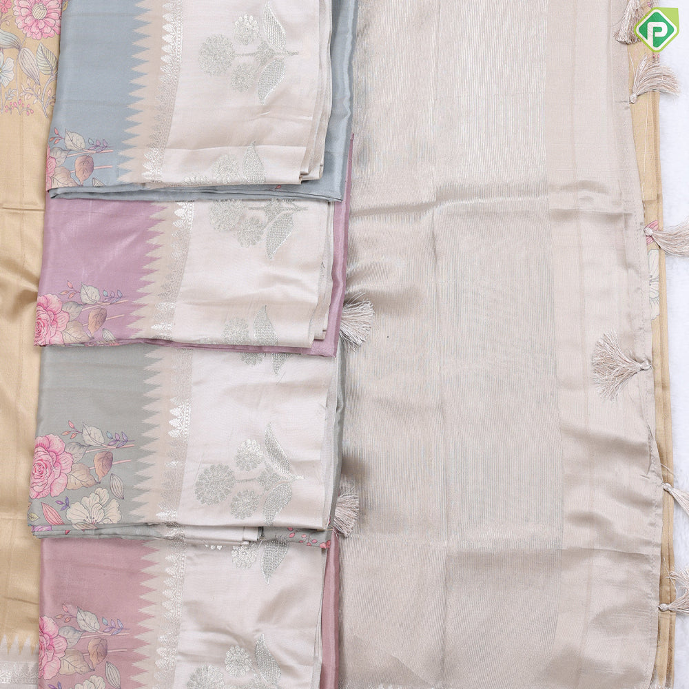 Sandal Colour With Multi Colour Flowers Printed Design Semi tusser Fancy Saree