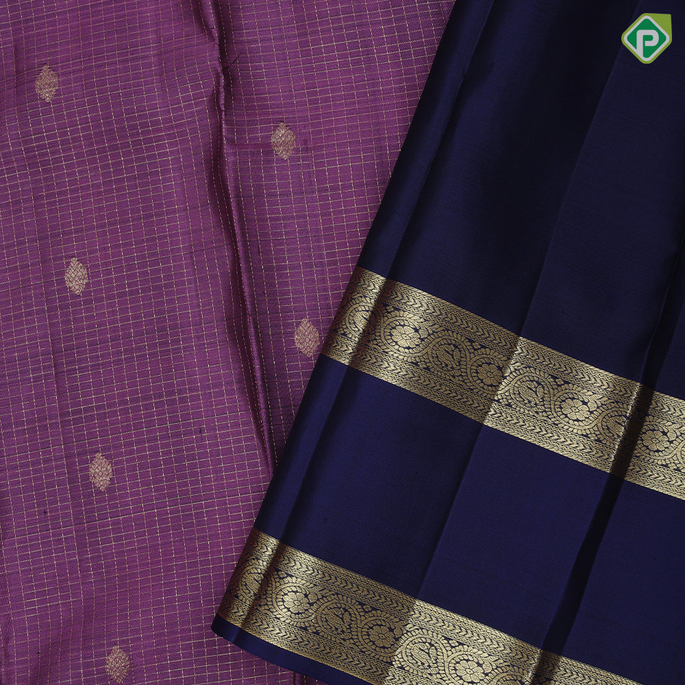 Wild Berry Gold Zari Checked And Small Motif Royal Blue Peacock Border Design Traditional Silk Saree