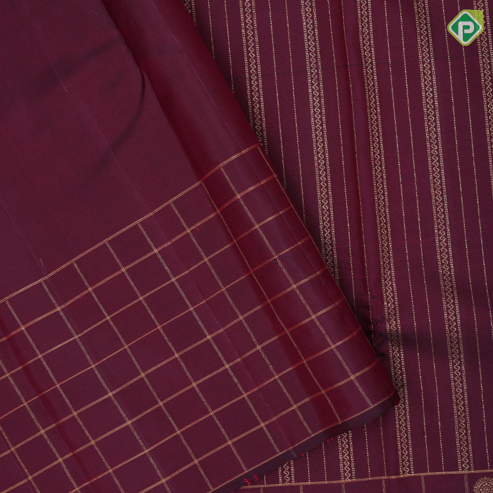 Beetroot maroon gold zari self designed stripes self color gold zari annam chakkaram lines border traditional silk saree