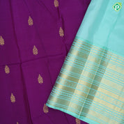 Purple gold zari leaf thilagam butta pista green gold zari multi designed lines border traditional silk saree