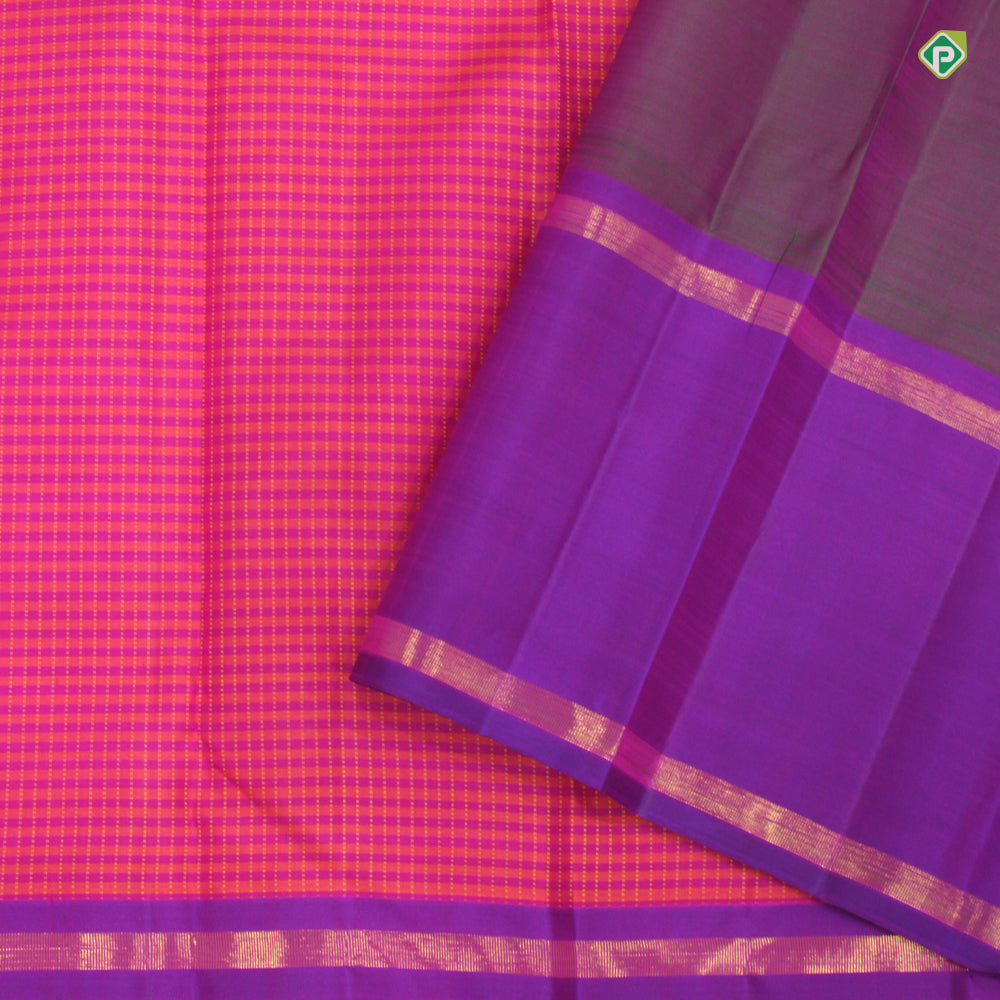 Orangish Pink With Purple Violet Colour Small Zari Lines Traditional Silks Saree
