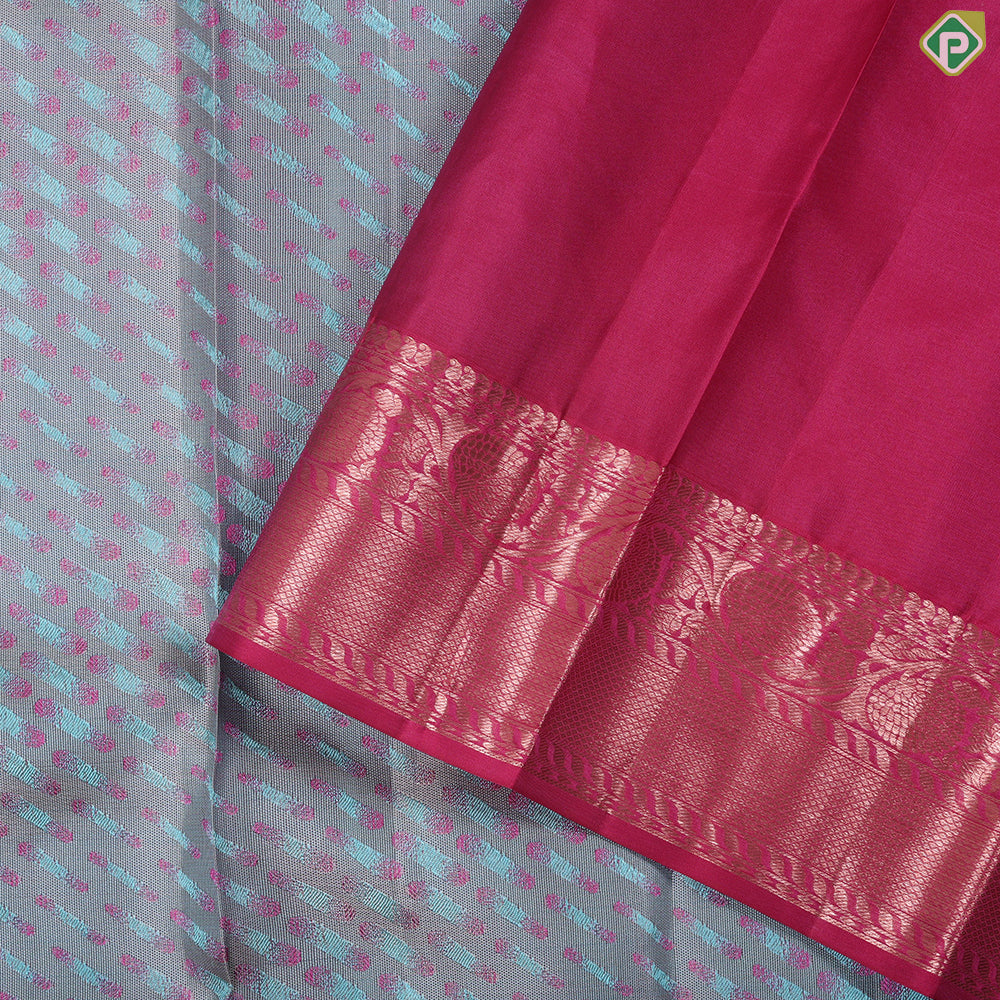 Marble blue pink combined cross bars design pink copper zari rangoli border trendy silk saree