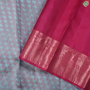 Marble blue pink combined cross bars design pink copper zari rangoli border trendy silk saree