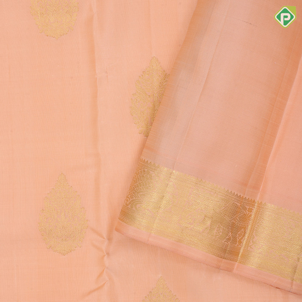 peach gold zari self designer thilagam butta self color gold zari elephant annam butta edge border traditional silk saree