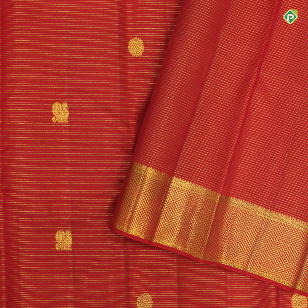 Brick Red Colour Vaira Oosi Lines With Peacock Chakra Motifs Traditional Koorai Silks Saree