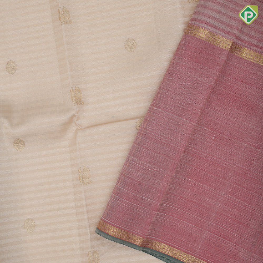 creamy sandal Self lines gold zari annam chakkaram butta three part onion pink rettapet high border traditional silk saree