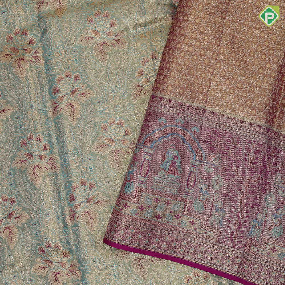 Sea green gold zari fancy floral meena work design Purple gold zari marriage scene design border tissue silk saree