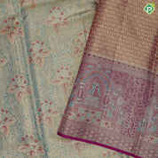 Sea green gold zari fancy floral meena work design Purple gold zari marriage scene design border tissue silk saree