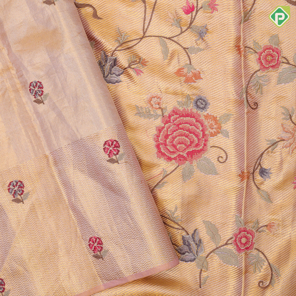 light Lavender gold zari with silk thread floral embroidered design plain gold zari zig zag border embroidery silk saree