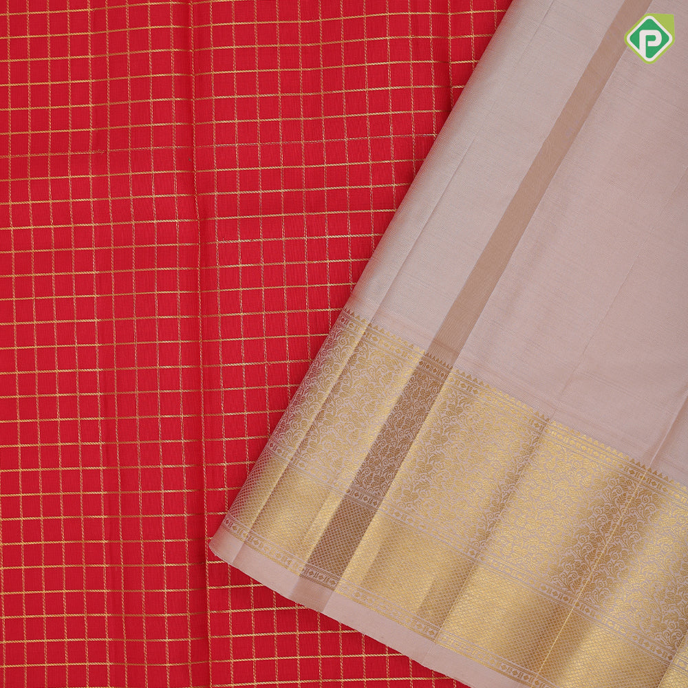 Chilly red gold zari kattam checks peach cream gold zari grand design butta border traditional silk saree