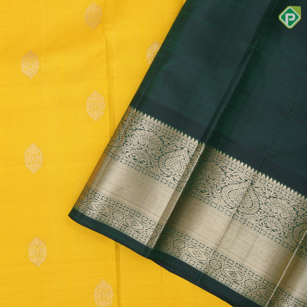 Lemon Yellow Thilgam  Butta Design Bottle Green Floral Border Design Traditional Silk Saree