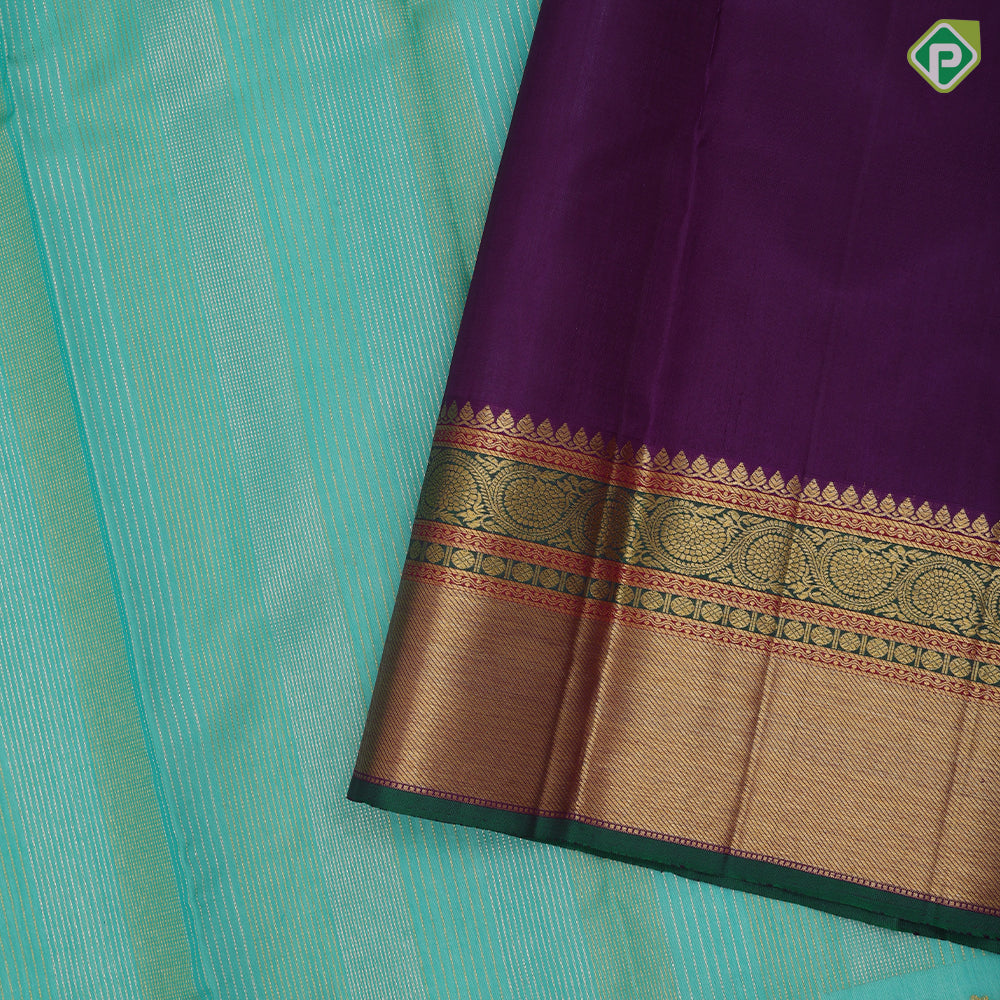 Rexsona Green Silver Gold Zari Vairaoosi Lines Peacock Chagaram Design Purple Ruthracham Bavanji Border Design Traditional Silk Saree