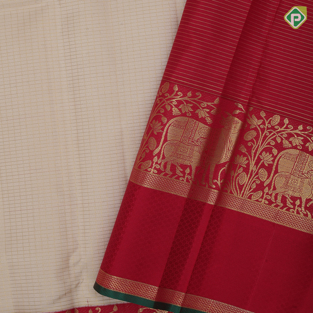 cream white gold zari vairaoosi checks design rani red gold zari kamadenu butta pichwai border traditional silk saree