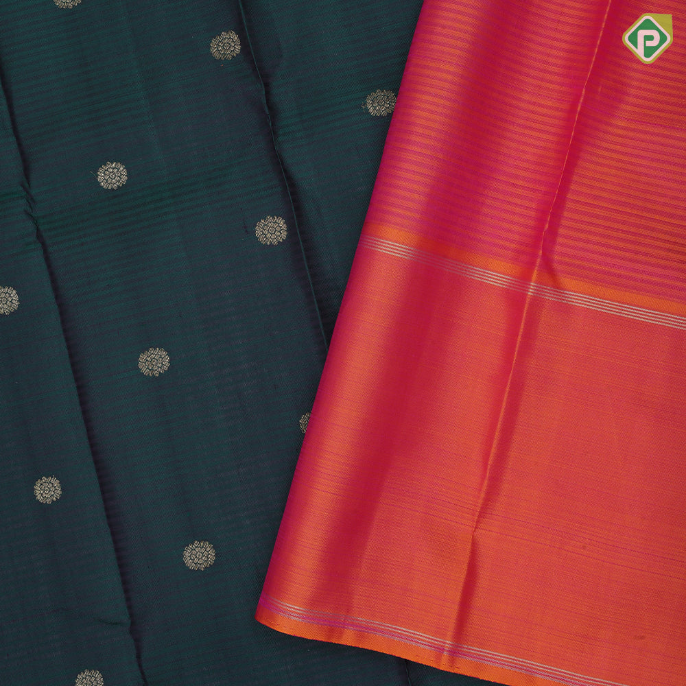 Bottle Green Gold Zari Flower Butta Design Magenta And Purple Colour Line Design Traditional Silk Saree