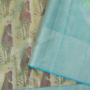 parrot green horse garden painting inspired tissue contrast sea blue silver gold zari diamond border trendy silk saree
