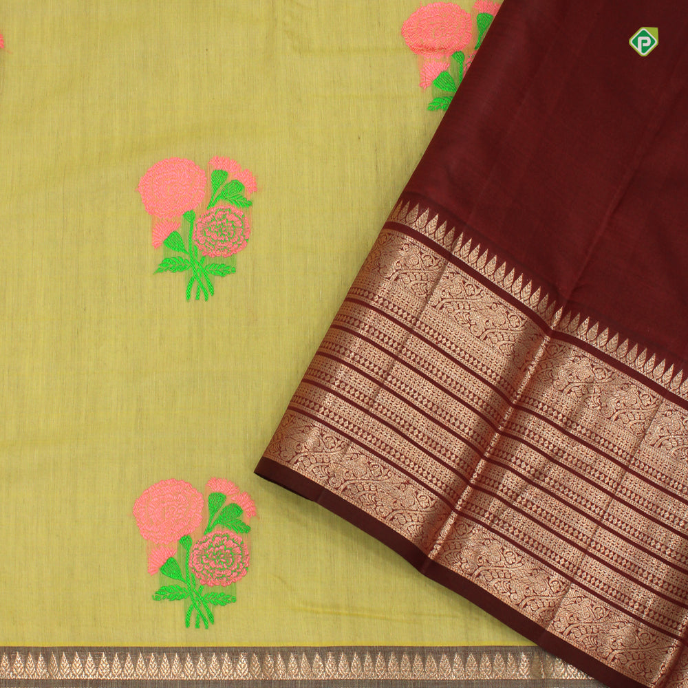 Moss Green With Marron Brown Colour Flower Meena Work Motifs Linen Silks Saree