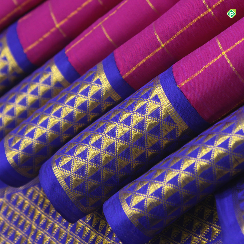 Magenta Pink Small Window Panel Checks Grand 9 Yards or Madisar Silks Saree
