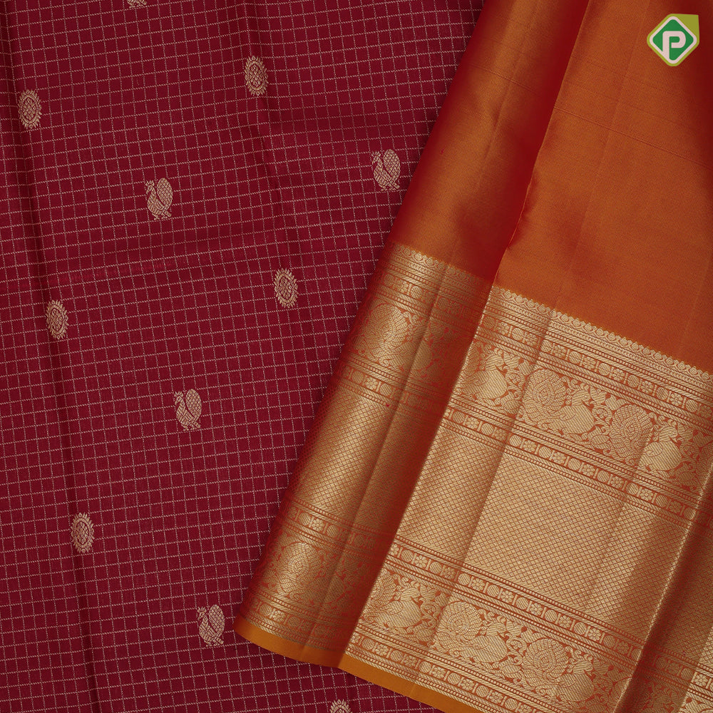 Marron Gold Zari Vairaoosi Checks Peacock Chagaram Design Mustard Yellow Peacock Ruthracham Flower MayilKan Border Design Traditional Silk Saree