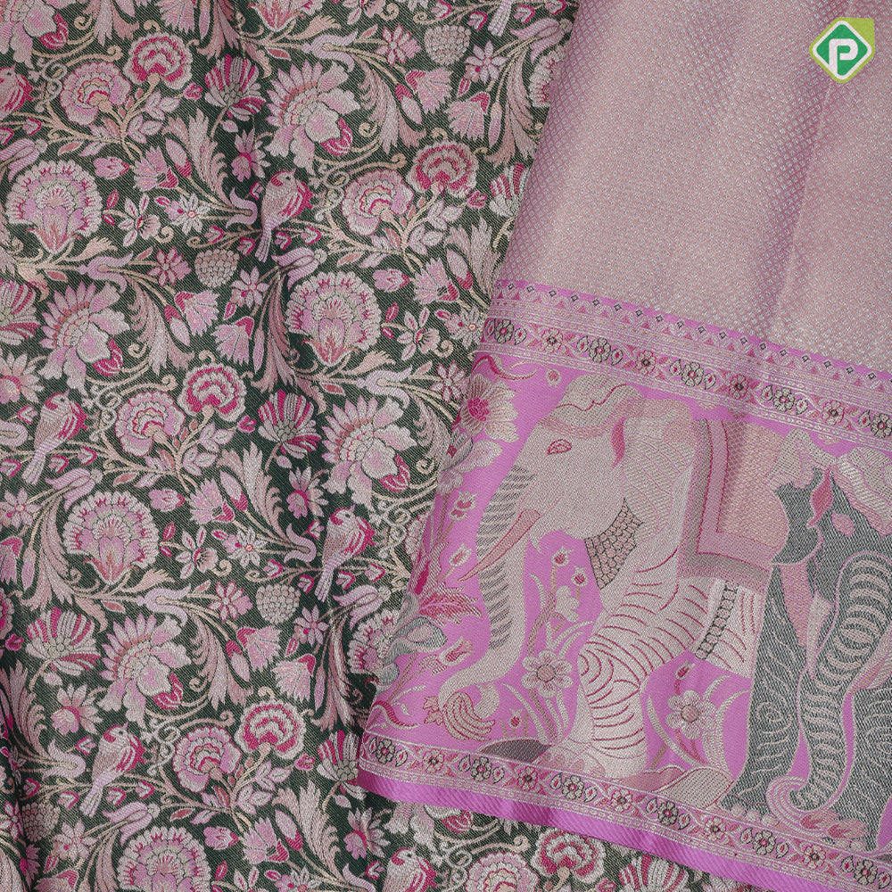 olive green silver gold zari by zari grand floral meena work lavender pink gold zari elephant border tissue silk saree